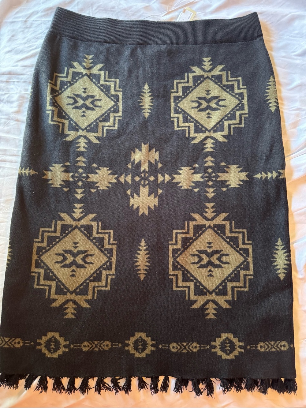 Ariat Caldera Black Western Pencil Skirt, Olive Aztec Pattern and Fringe Hem